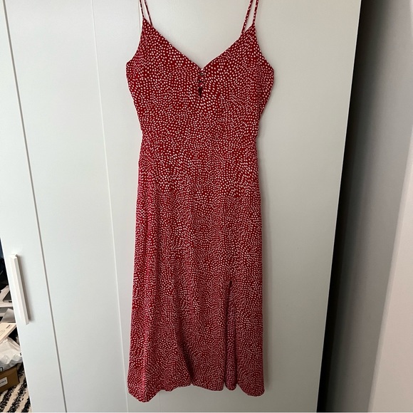 Row A Red Polka Dot Slit Midi Slip Sun Dress Small Knee Length Spaghetti Strap - Picture 7 of 14